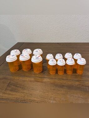 Lot of 14 Empty Amber Prescription Bottles Mixed Sizes Craft Storage Containers
